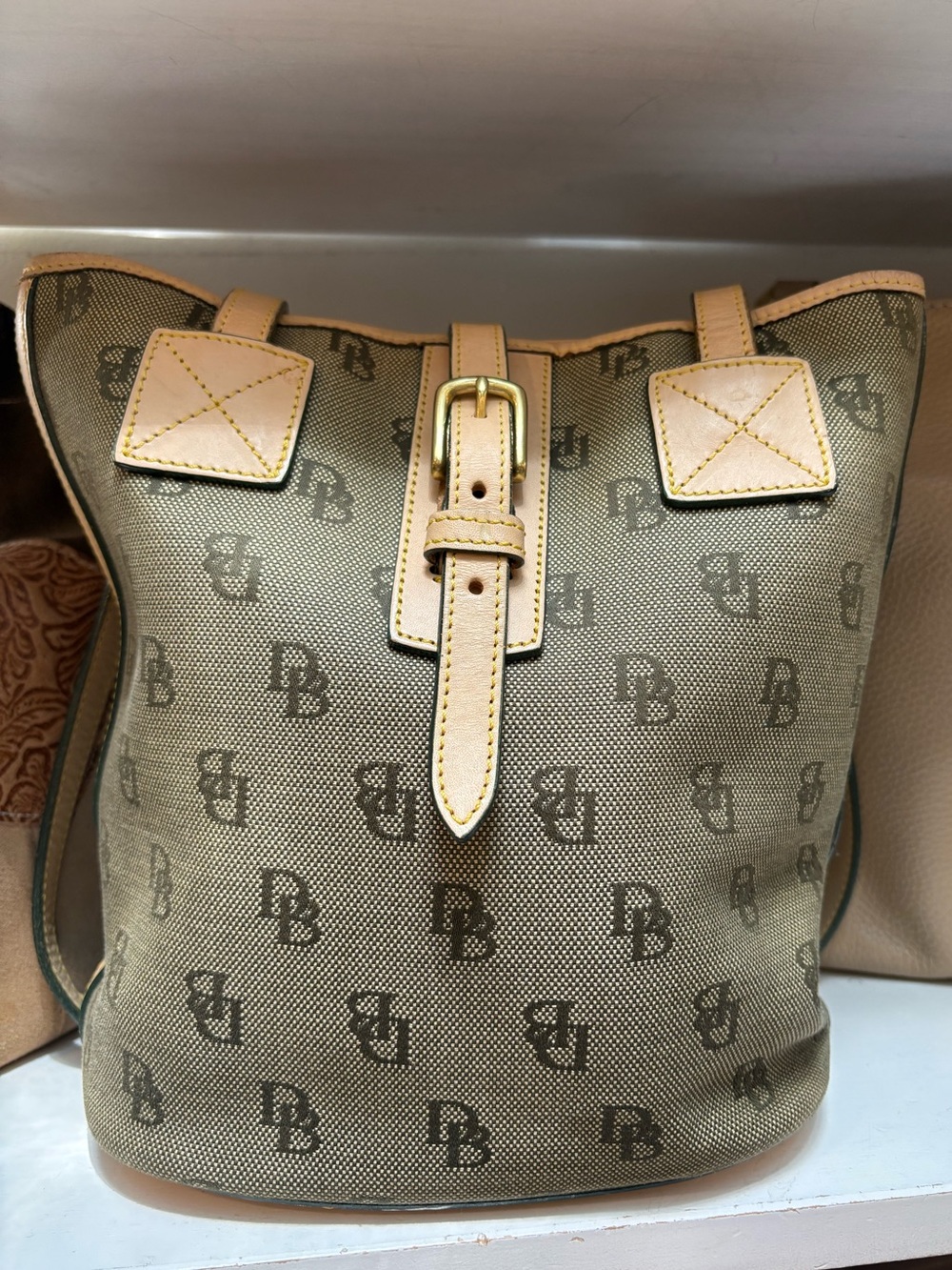 Dooney & Bourke Green/Tan Canvas Bucket Bag
